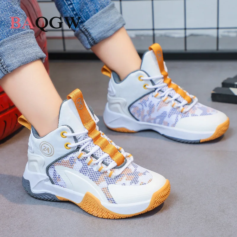 Children\'s Sport Basketball Shoes Mesh Breathable Non-slip Boy Girl School Training High Top Sneakers Stretch Fashion Lace-up