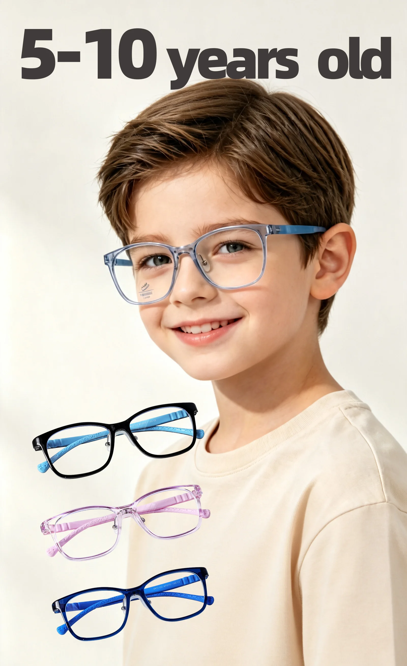 Children’s anti-blue light glasses, customizable round frames, no prescriptions, flat lenses. High-quality, professional-grade,