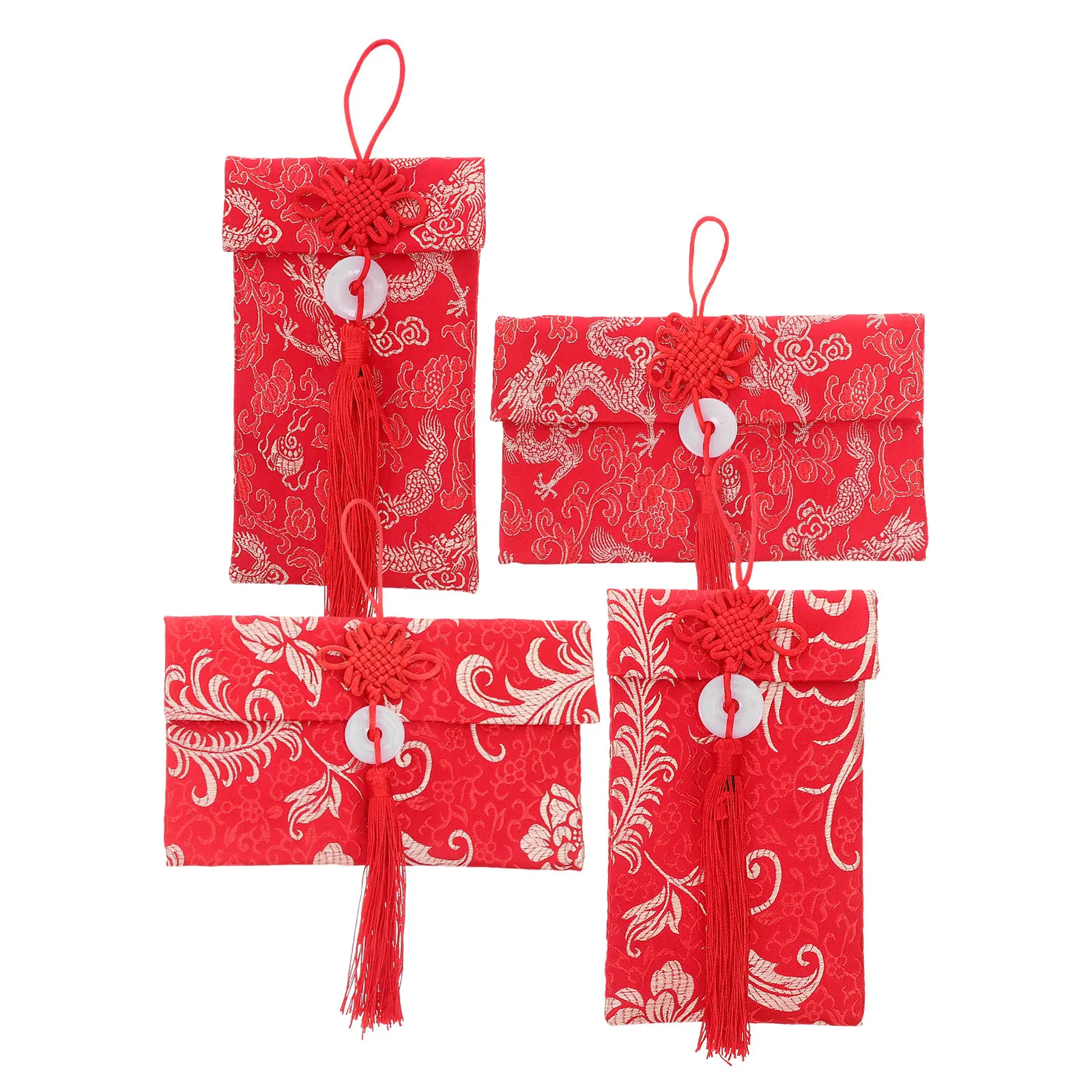 

4Pcs Fabric Chinese Red Envelopes Classic Dragon Phoenix Embroidered Lucky Money Bags Spring Festival Lunar New Year Hongbao