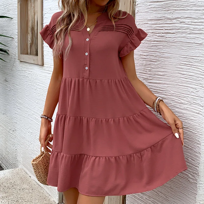 

Summer Dress Woman 2025 New Casual Patchwork Dress Round Neck Button Short Sleeved Loose Straight Casual Dress A-Line Dress
