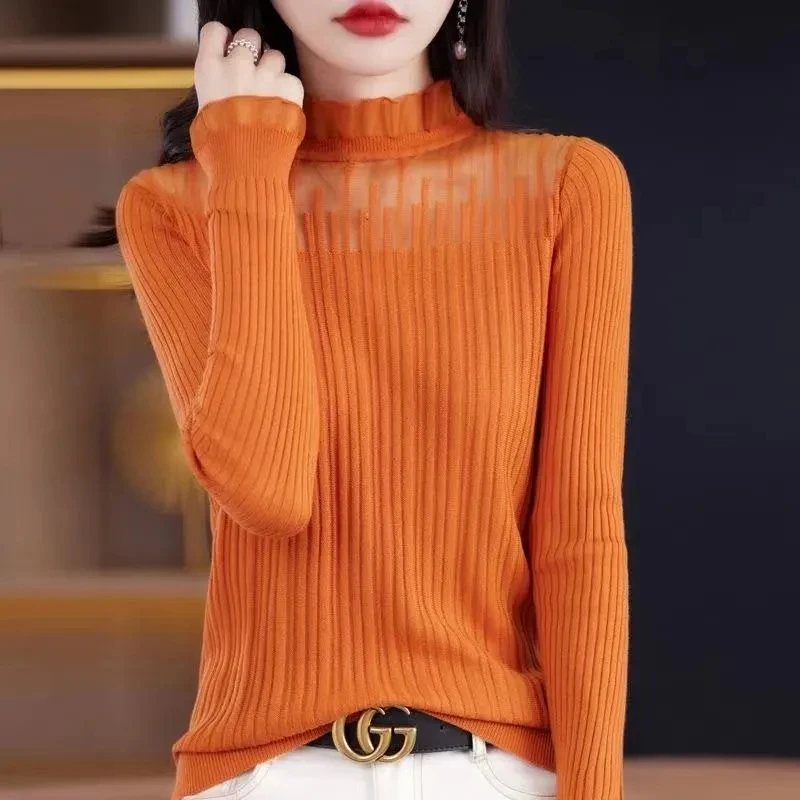 2023 Women Korean Fashion Sexy Mesh Patchwork Knitwears Female Ruffle Solid Long Sleeve Slim Basic Pullover Tops Elegant Jumpers
