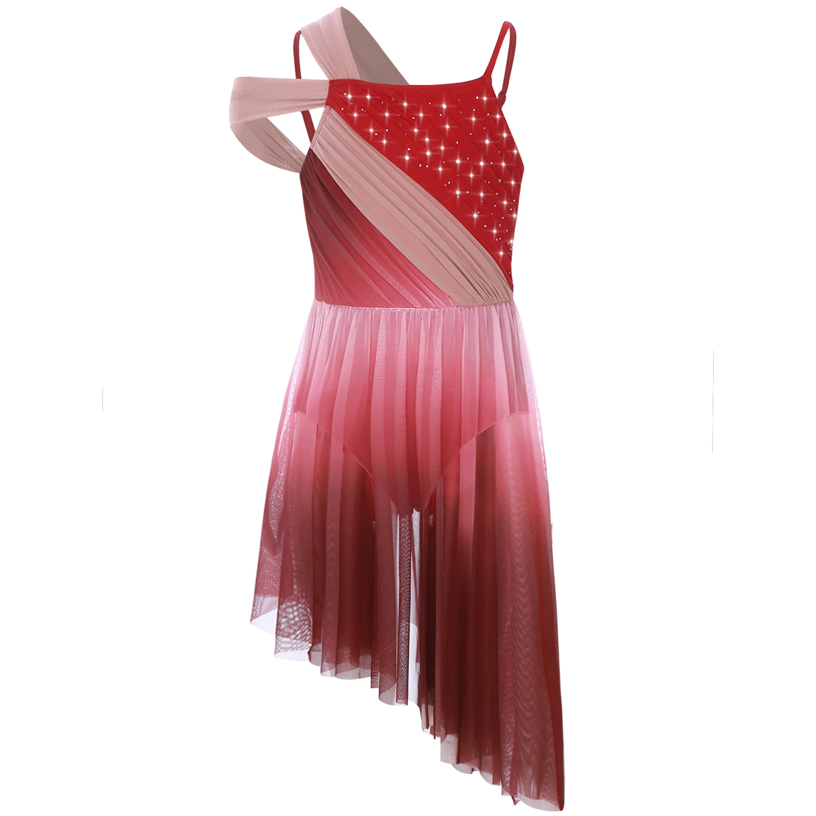 

Kids Girls Gradient Modern Lyrical Dance Dresses Shiny Rhinestones Sheer Mesh Asymmetrical Hem Dress Figure Skating Dancewear