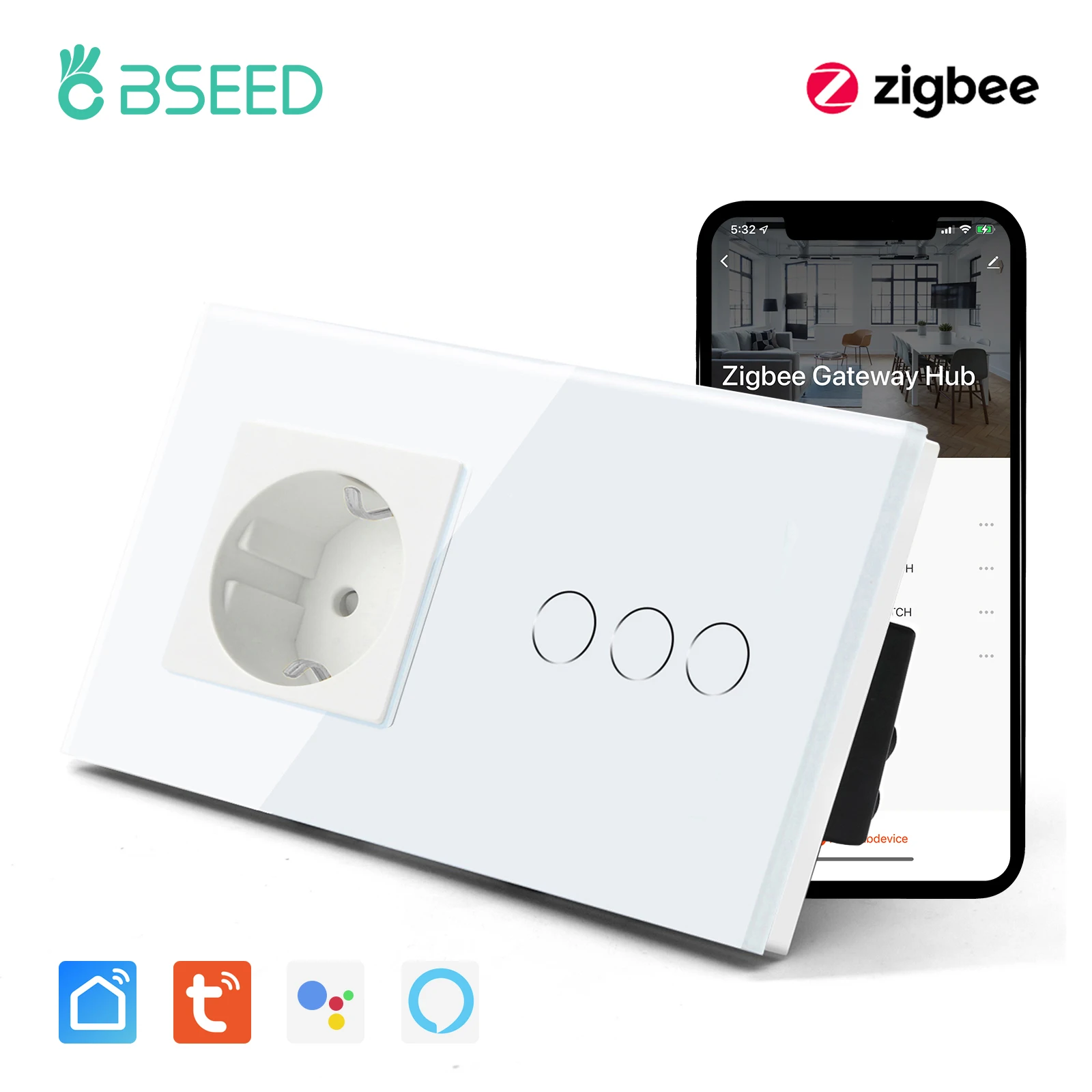 BSEED Zigbee 1/2/3Gang Touch Smart Switches mit normaler EU-Wandsteckdose Tuya Smart Life Alexa App-Steuerung Keine neutrale Version 7