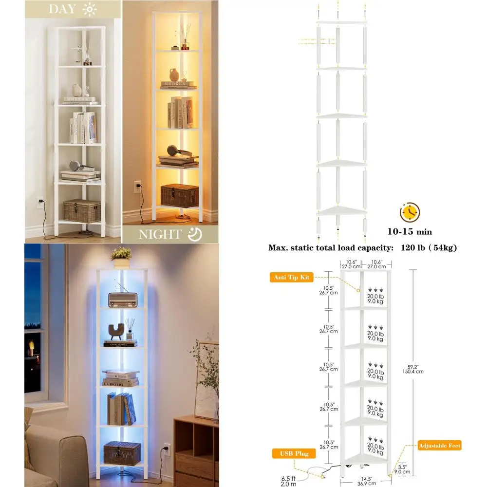 

6-ярусная книжная полка со светодиодной подсветкой и стеллажом для хранения, подходит для гостиной, спальни или офиса, белая
