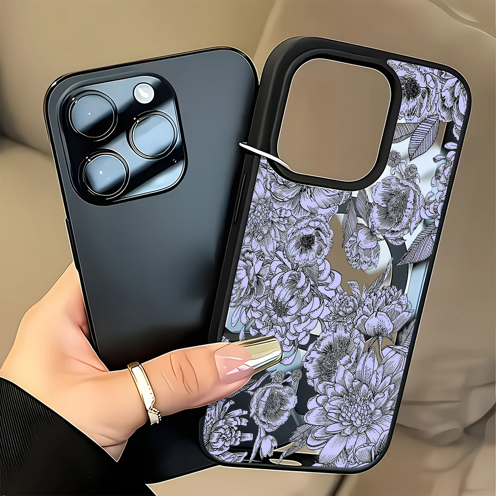 Purple Sketch Floral Pattern For Magnetic Phone Case For iPhone 11 12 13 14 15 16 17 Pro Max 14 15 Plus Air Transparent Cover