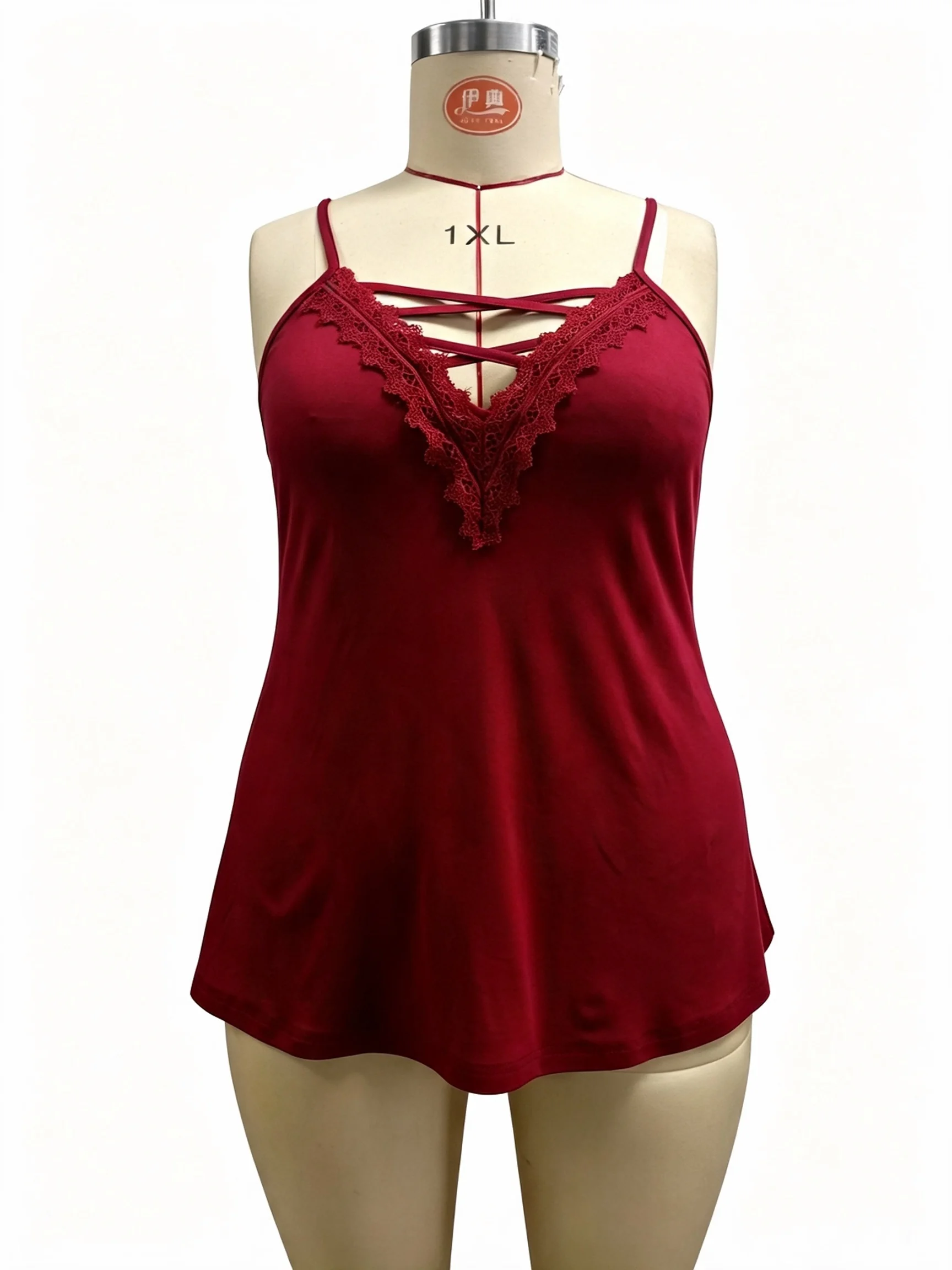 Damen Plus Size Spitzenbesatz Crisscross V-Ausschnitt Cami-Top Verstellbare Spaghettiträger A-Linie Lässiges Ärmelloses Tanktop – Detail 12
