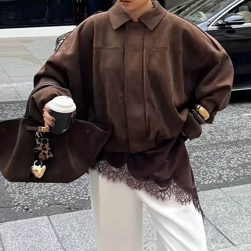 

Autumn Women's Suede Jacket Solid Color Retro Lapel Trendy Coat American Casual Fashion Pleated Commute Female Short Jackets