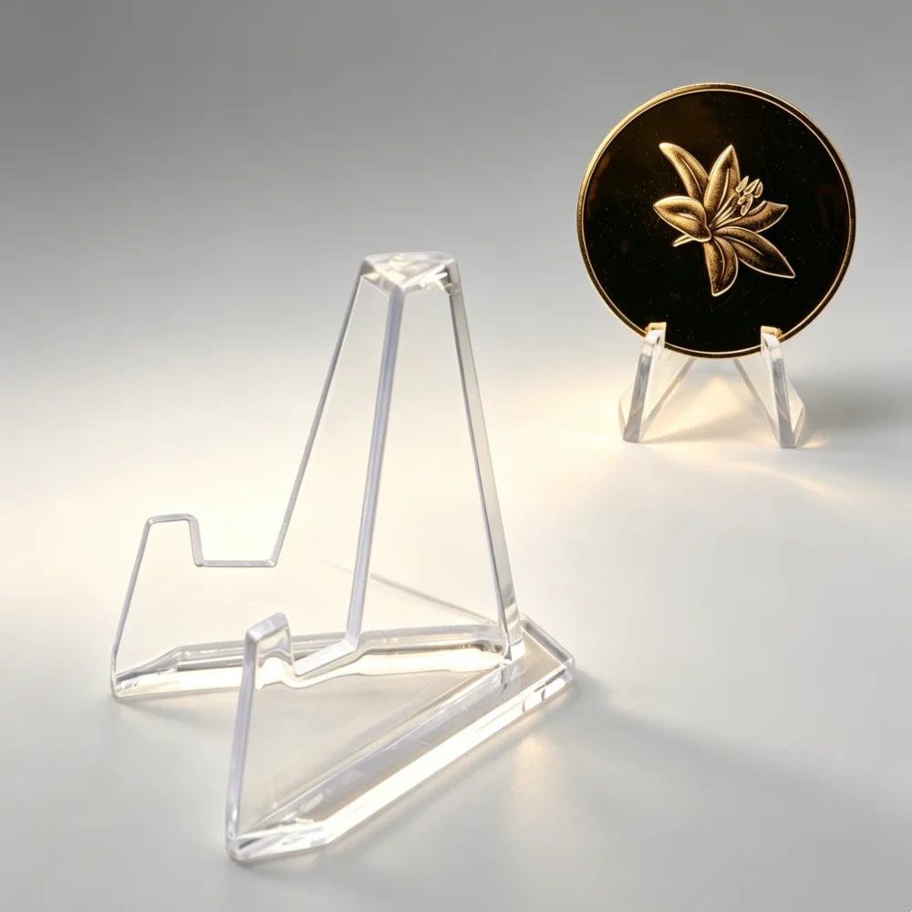 Clear Coin Display Stand Holders Small Easel Rack Trading Card Holder Collectible Coin Medal Badge Holder Card Display 5Pcs