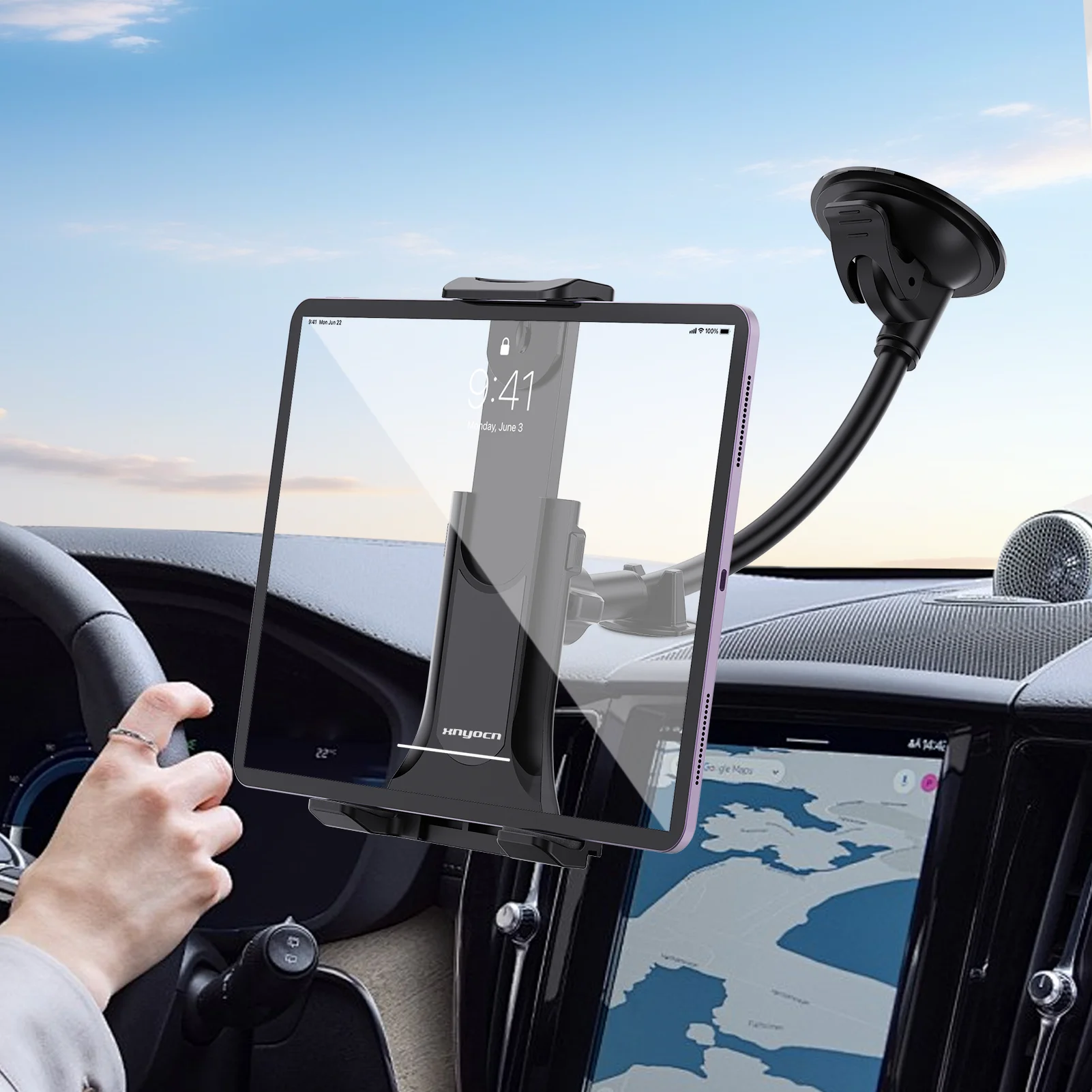 Car Windshield Dashboard Tablet Phone Holder Adjustable Angle Long Arm Cradle Sturdy Stable Base for 4-13 Inch Devices Mount Top