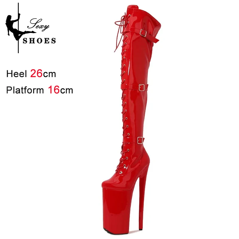 26 cm over-de-knie laarzen extreme hoge hakken gesp ronde kop danser mode sexy catwalk schoenen 16 cm platform Romeinse hoge laarzen