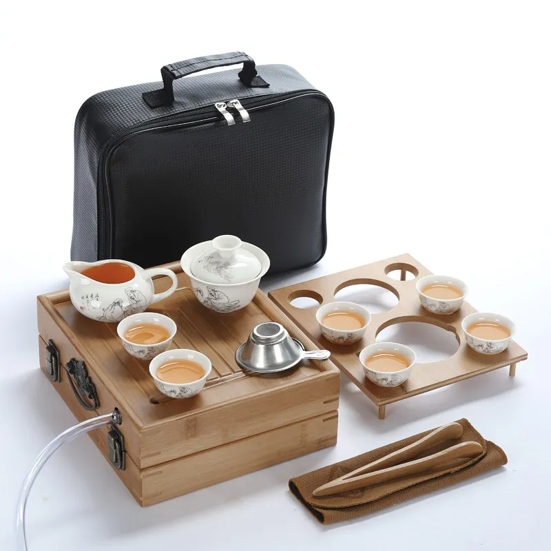 

Компактный дорожный чайный сервиз, складной бамбуковый поднос с дренажными керамическими чашками Gongfu — универсальный портативный чайный сервиз для кемпинга, офиса