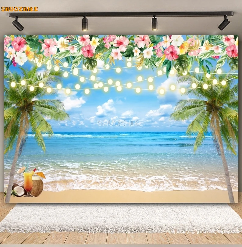 Fondo de playa Tropical hawaiana de verano Aloha Luau flamenco océano tabla de surf boda fiesta de cumpleaños fotografía decoración de fondo