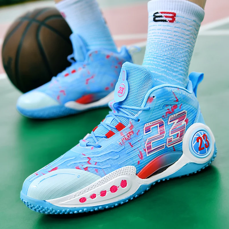 Trendy Blue Men's Basketball Sneakers Outdoor High Top Basketball Shoes For Men Women Breathable Non-slip Women's Training Boots