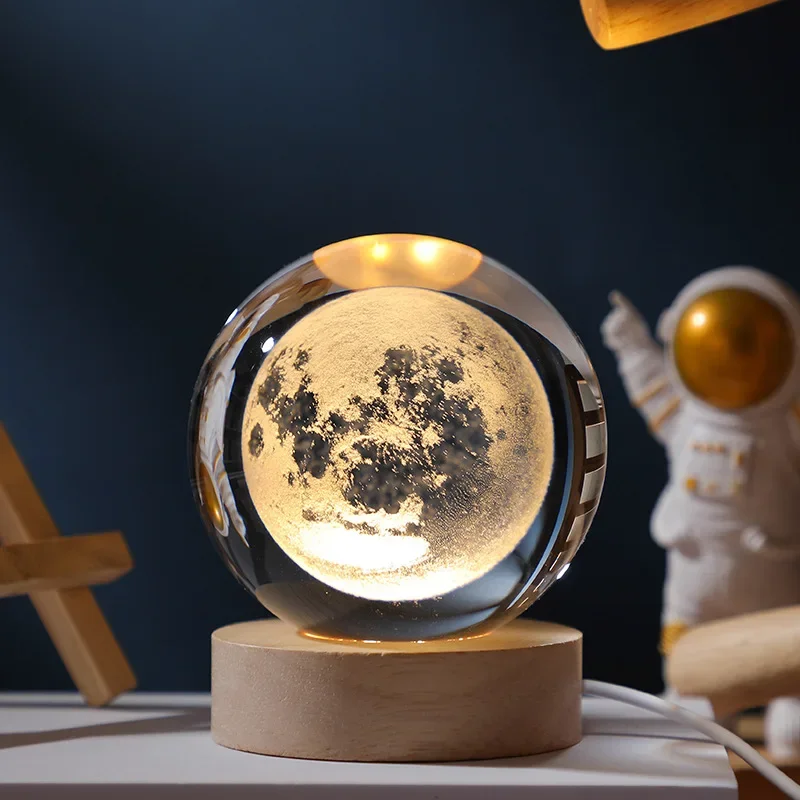 3D Crystal Ball Moon Planet Night Light Laser Engraved  Saturn Globe Santa Clause Snowman Birthday Gift Home Space Desktop Decor