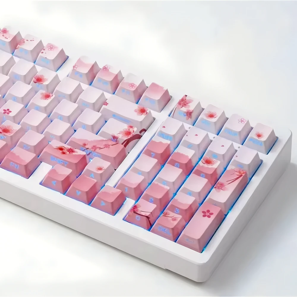 

Japan Cherry Key Cap Set PBT 127 Key Side Engraved Transparent Pink Cherry Key Cap for Mechanical Keyboard 68/84/87/104/108