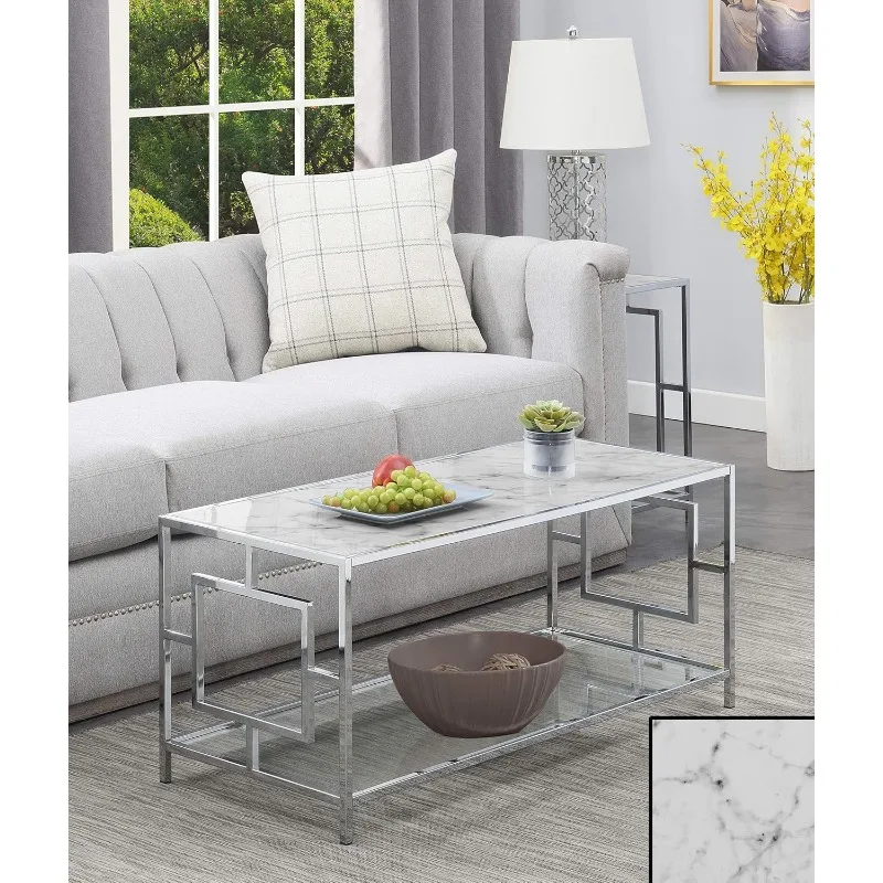 Town Square Chrome Coffee Table with Shelf, White Faux Marble/Chrome US(Origin)