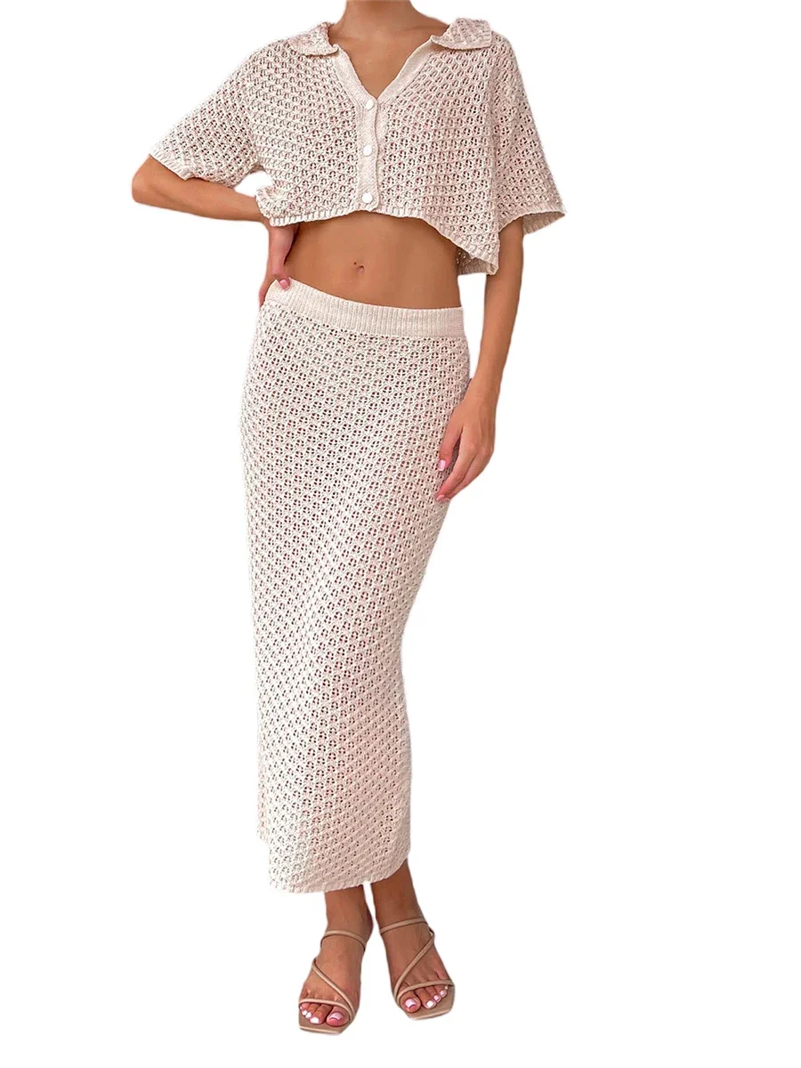 Women Y2k Crochet Knit Skirts Set 2 Piece Bodycon Outfits Set Fashion Short Sleeve Shirt Crop Top High Waist Long Skirt Suits