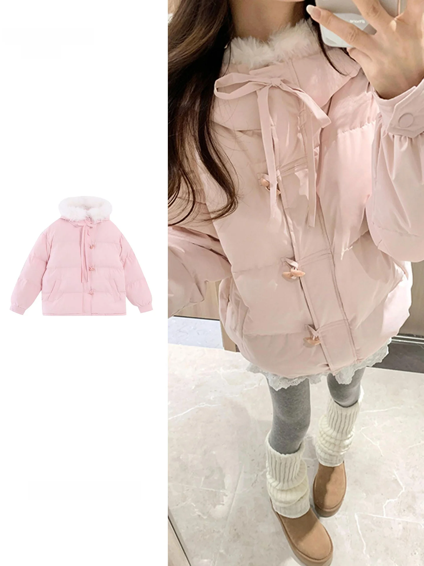 Thickened Pink down Cotton Jacket Women's Autumn Winter Fashionable Hooded Coat Button Design Warm Stylish Straight Cut Type