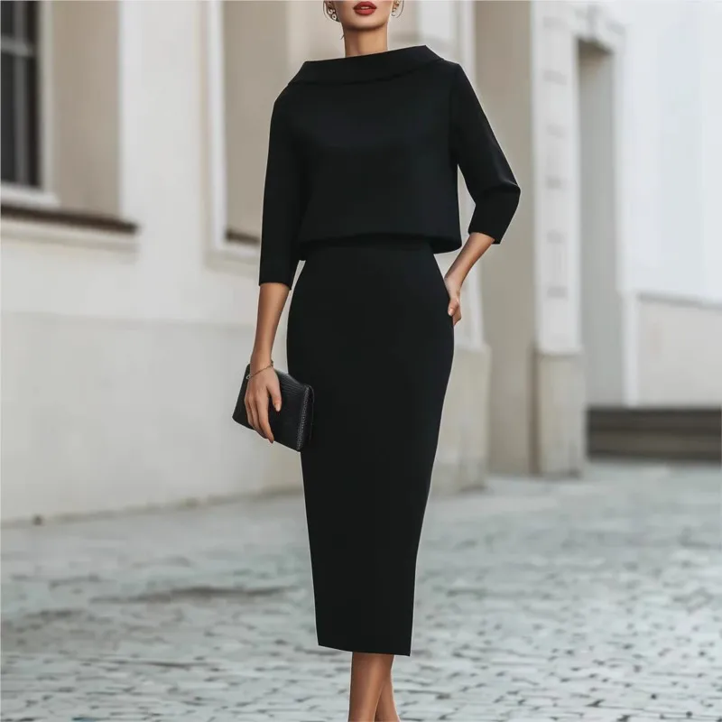 

Elegant Commute Women Dress Set 2026 Solid Color Boat Neck with Belted Mid-Sleeve Dress 2 Piece Set Gown Evening Party for Women