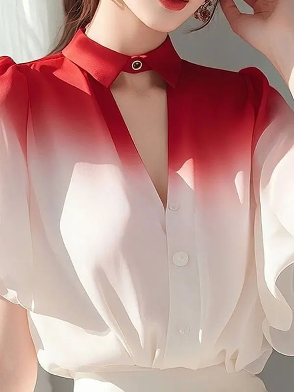 ユニークなグラデーションの女性のシャツ超美しいシフォン妖精のようなノースリーブ V ネック半袖夏のファッションプレミアムレディーストップ
