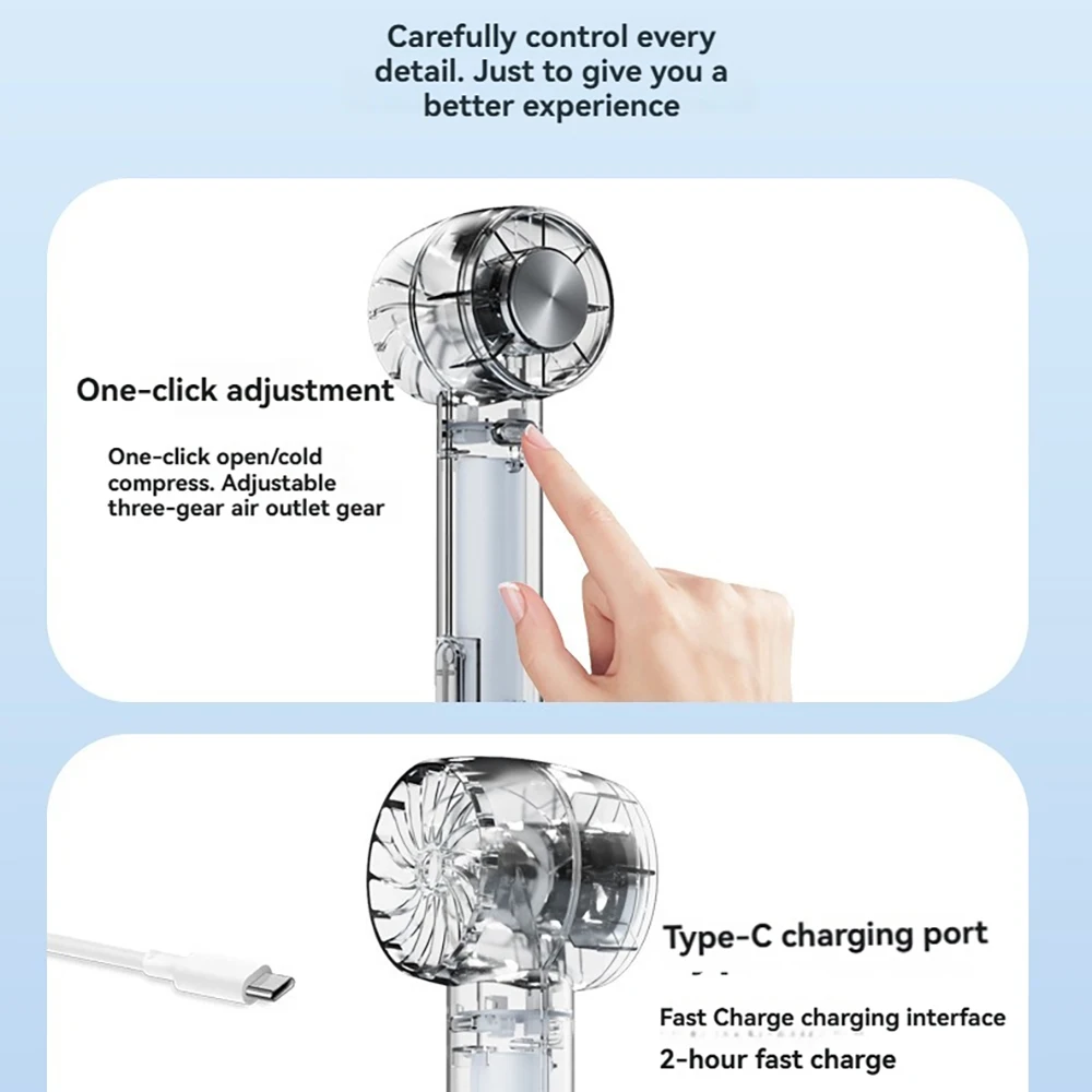 New Transparent Portable Hook Handheld Desktop Turbo Fan Rechargeable Fan 3 Speed Hand Fan For Travel Outdoor Cold Compress Fans