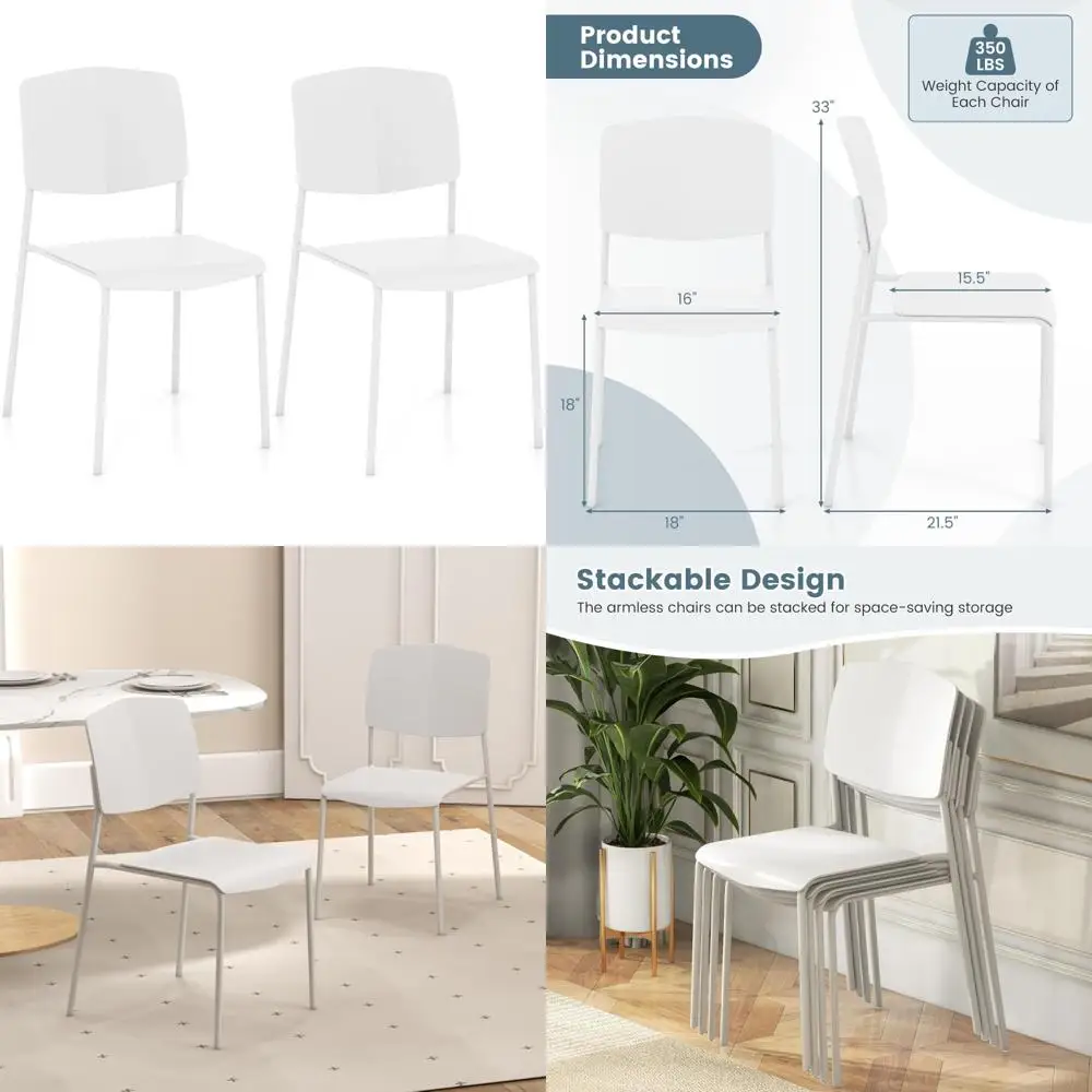 

modern stackable dining chairs set of 2 with metal legs, curved back support, holds up to 350 lbs, plastic armless side chairs f