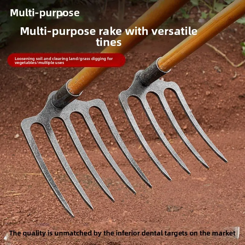 Thick Quenched Manganese Steel Multi Tines Rake Soil Turning Loosening Dig Peanut Potato Grass Raking Farm Work
