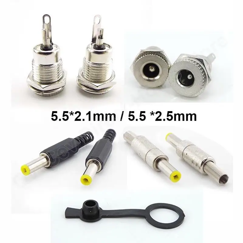Srebrny metal 5,5 x 2,1 mm/5,5 mm x 2,5 mm DC Power wtyk męski złącze typu jack ze sprężynową żółtą główką 5,5*2,1/5,5*2,5 mm N6