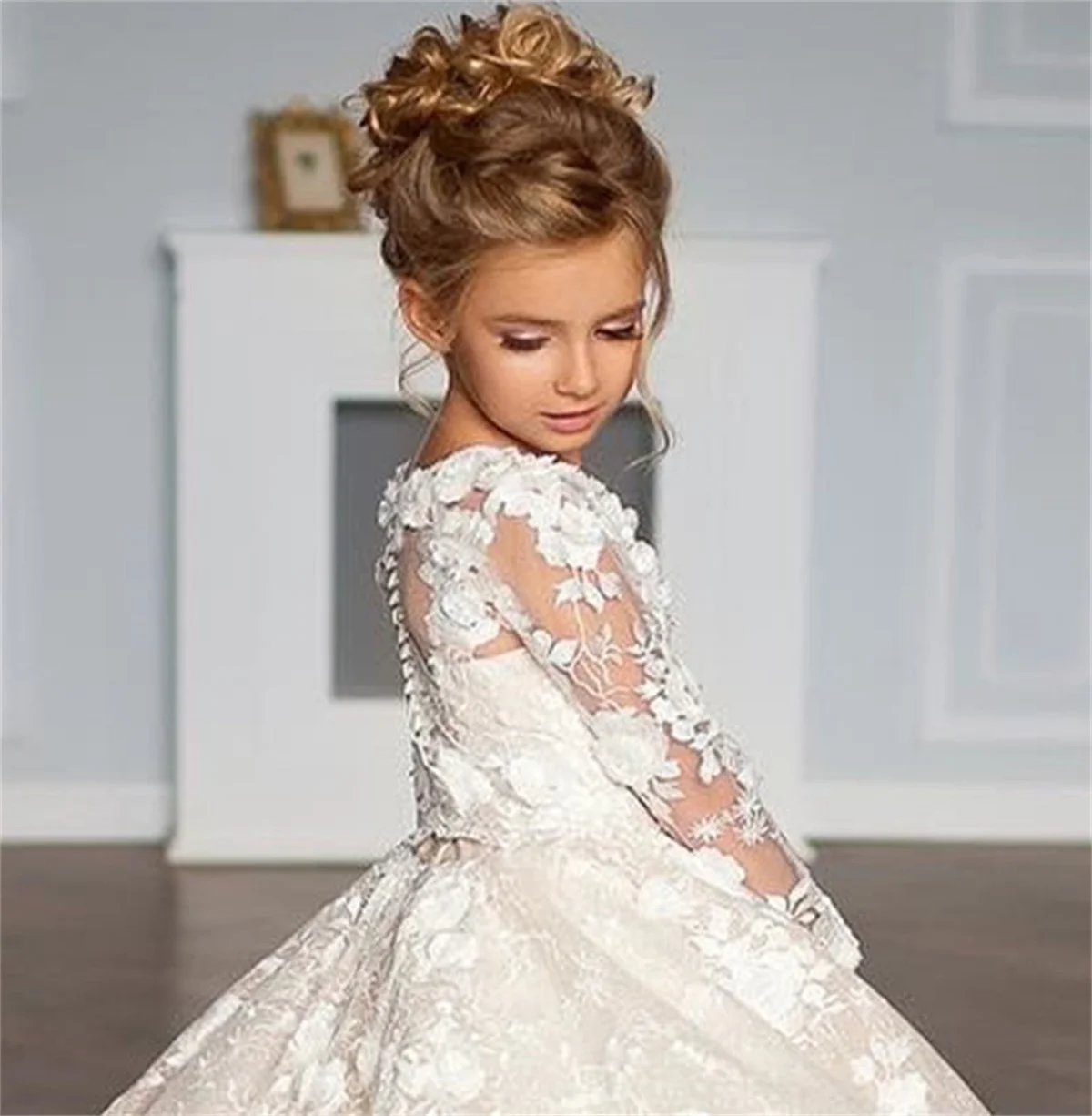 Vestido De Flor De Applique De Renda De Tule Branco, Vestido De Noiva Elegante, Celebração Do Aniversário Da Criança, Vestido Eucaristia