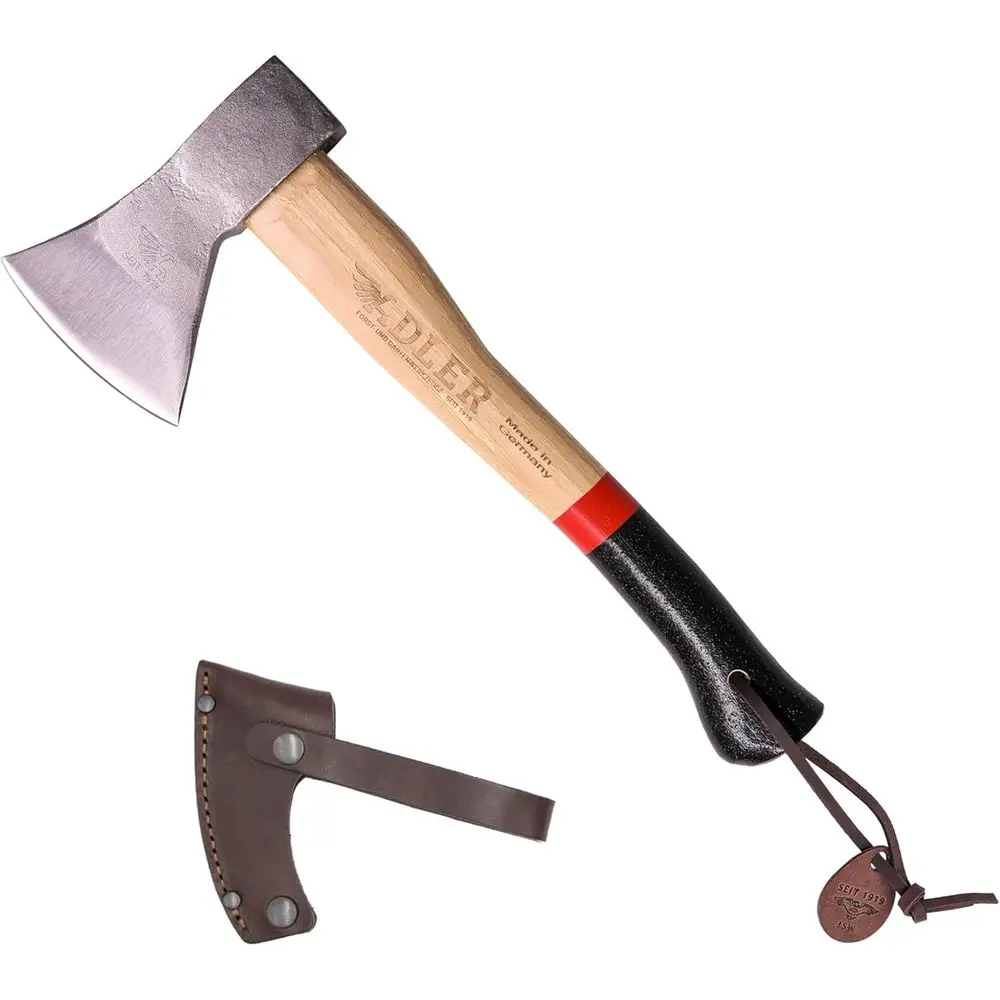 

Compact Camping Axe with Leather Sheath, 1.25 lbs, 14 Hickory Handle, C60 Carbon Steel, Ideal for Hiking, Kindling, and Wood Car