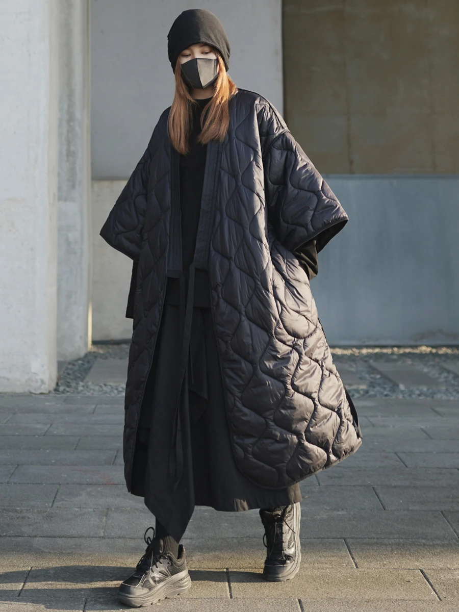 2025 New Dark Black Winter Japanese Kimono Bandage Robe Loose Long Cotton Padded Jacket Winter Warm Long Coat For Women