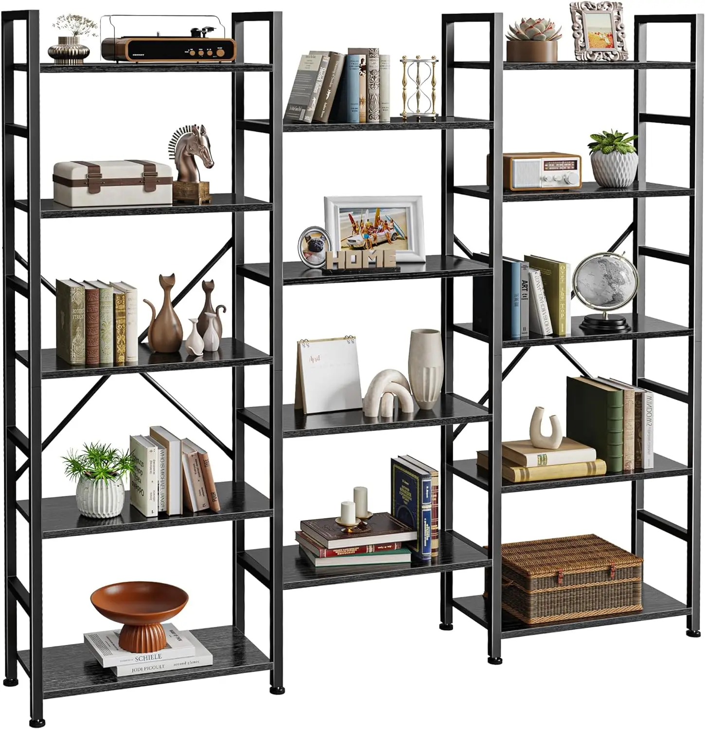 SUPERJARE Triple 5 Tier Bookshelf, Bookcase with 14 Open Display Shelves, Wide Book Shelf Book Case for Home & Office, Black