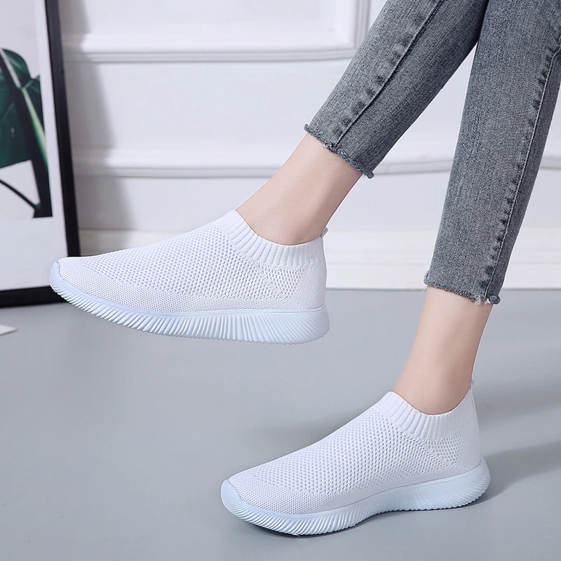 Knitted Sneakers for Women 2022 Autumn Slip on Breathable Mesh Casual Shoes Woman Flat Heels Plus Size Loafers