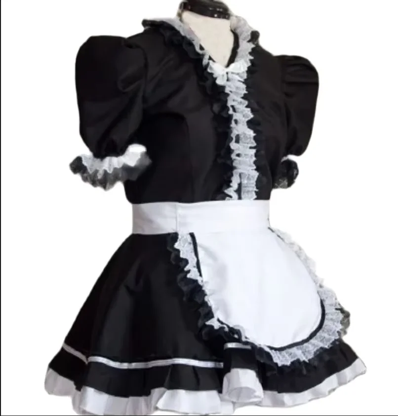 

Sissy New Hot Gothic Lockable Maid Role Play Black V-neck Lace Independent Apron Bubble Sleeve Customization