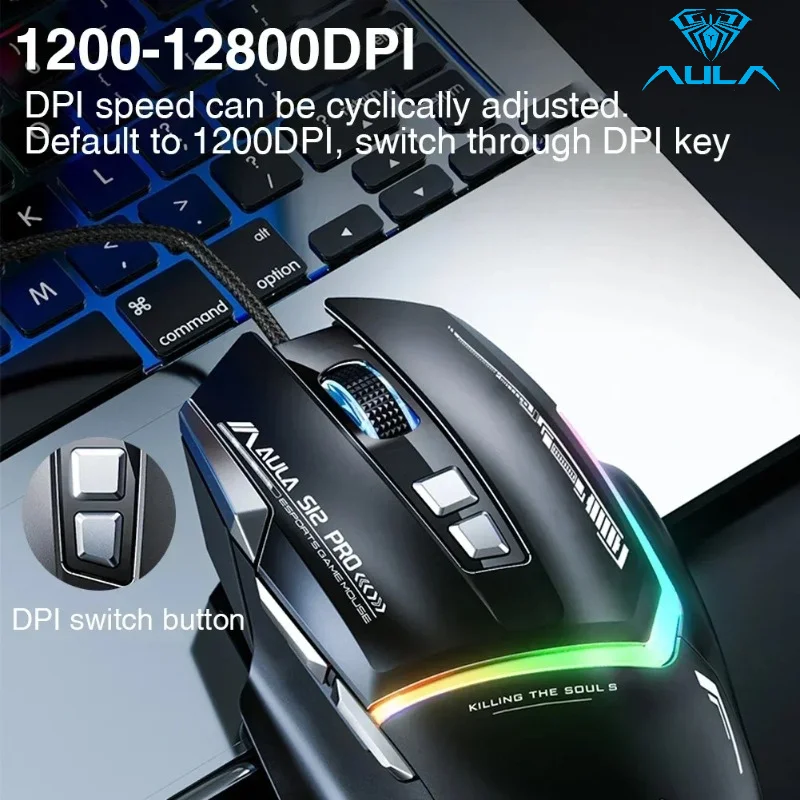AULA S12Pro Wired Mechanical Mouse 1000HZ 12800DPI RGB Low Latency Macro Defines Esports Gaming Mouse PC Gamer Accessories