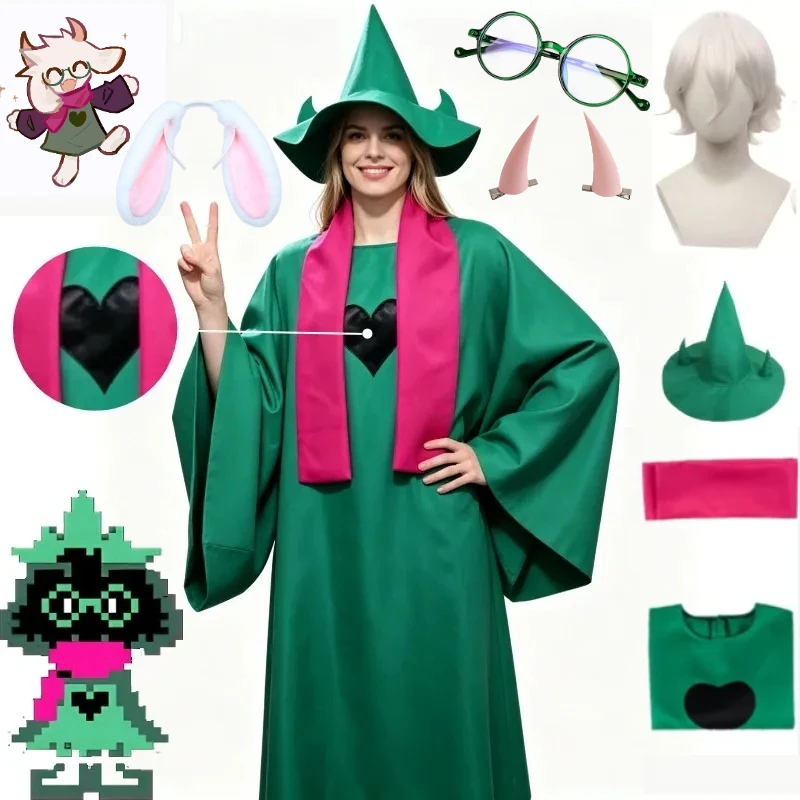 Costume de cosplay Deltarune Ralsei, cape verte, chapeau de sorcier, écharpe, accessoires de cosplay, ensemble d'accessoires pour Halloween, jeu d'anime, tenue de cosplay