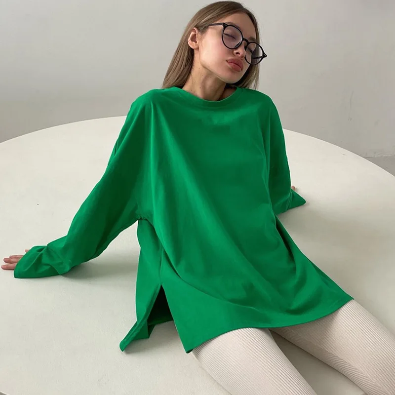 Loose Cotton Long Sleeve T Shirts Women Harajuku Oversized Solid Side Split Tops Casual Basic White Bottom Woman Clothing