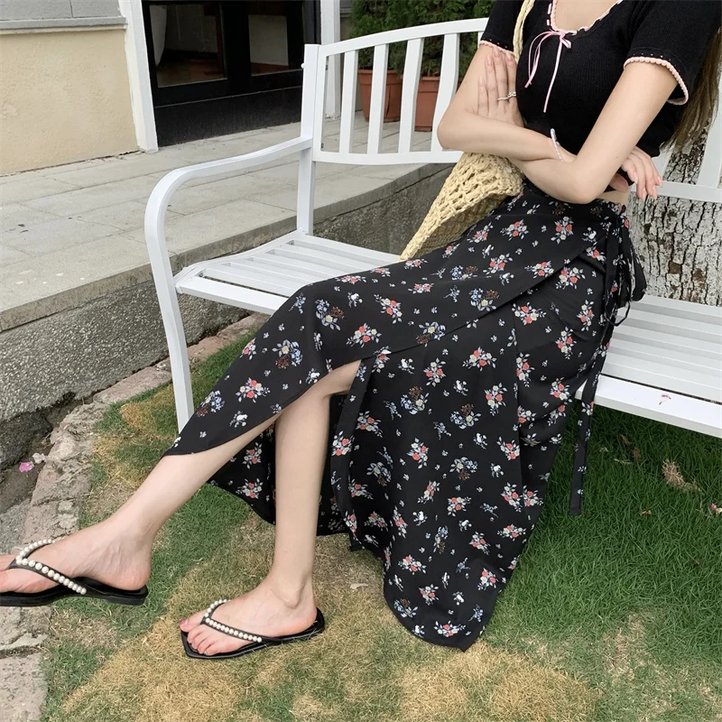 Retro Print Belted Halter Neck Midi Dress Women's Beach Sunscreen Wrap Skirt Ethnic High Waist Slimming One-Step Long Dress