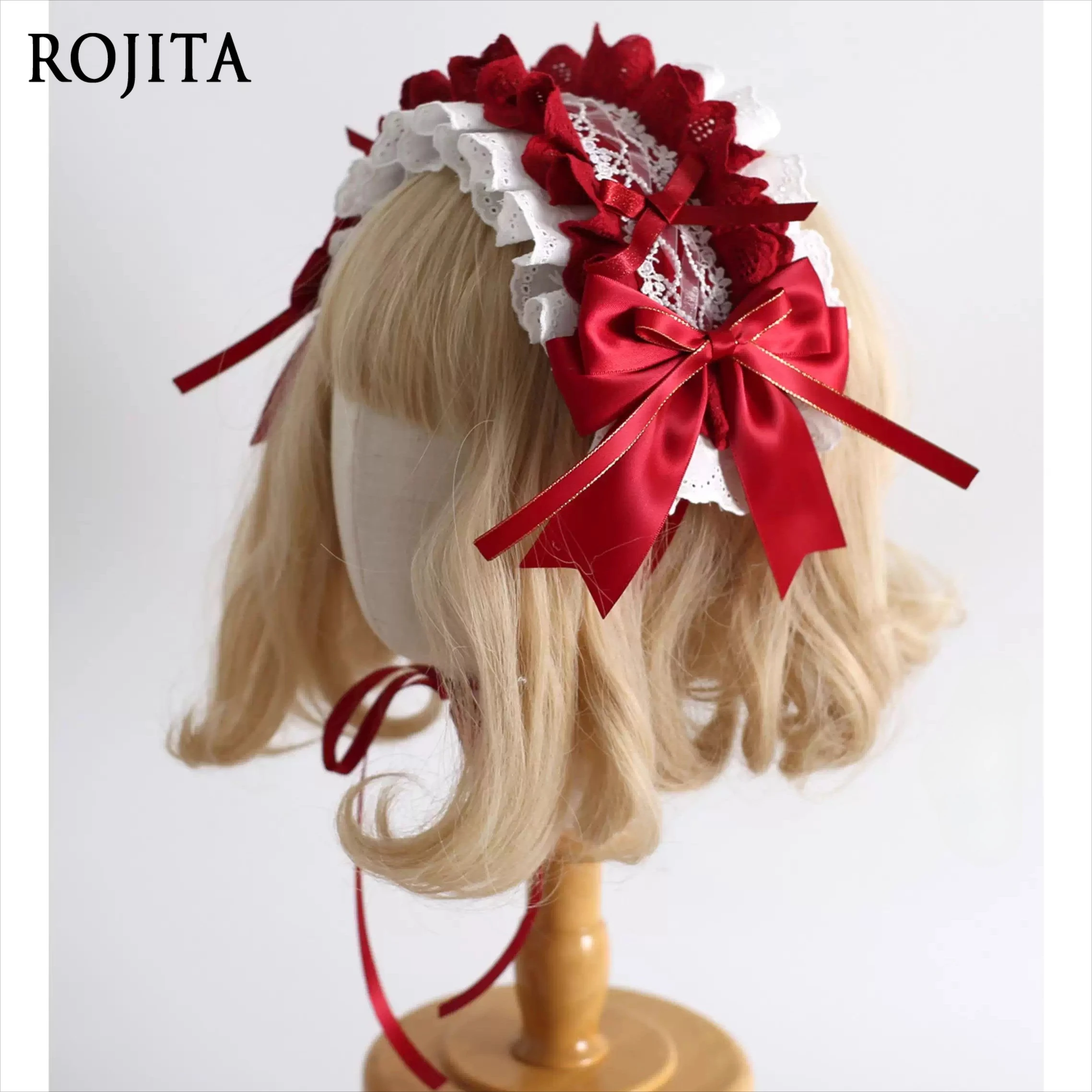 

Sweet Red Lolita Hair Accessories Set Dark Red Lace Frill Headband and Bunny Ear Mini Hat with Pearl Bows
