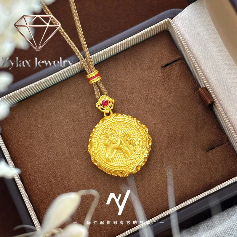 

Zylax Jewelry Luxury 24K 9999 Pure Gold real gold Women's Silk Zodiac Fortune Horse Compasses Pendant Necklace