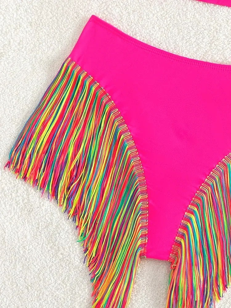 Costume da bagno donna con frange e nappe, monospalla, a vita alta, costume da bagno femminile, bikini a due pezzi, costume da bagno scavato