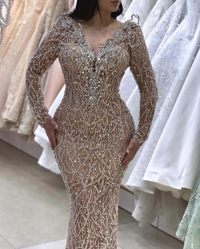 Dark Champagne Evening Dress V Neck Beaded Crystals Long Sleeve Mermaid Vestidos De Fiesta