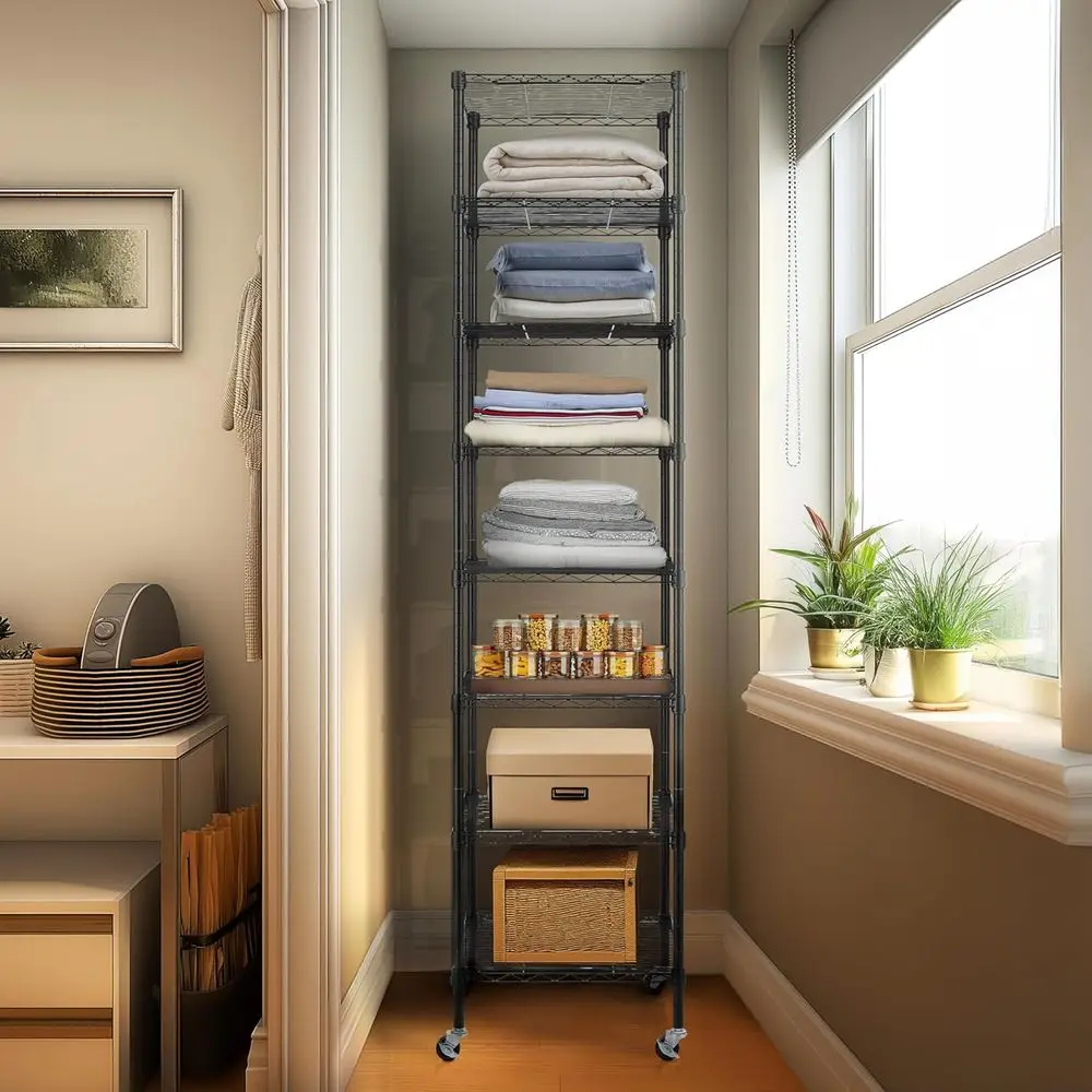 Industrieel rollend draadrek met 8 niveaus, 18x18x78,7, robuust verstelbaar metalen opbergmeubel, NSF-gecertificeerd, zwart