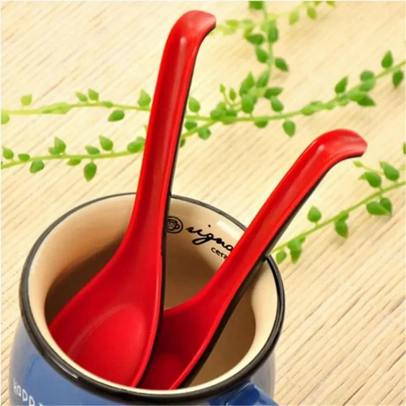 10PCS Red And Black Asian Soup Spoon With Hook-Chinese Style Spoon, Perfect For Rice Pho Ramen Noodle Soups Durable Reusable