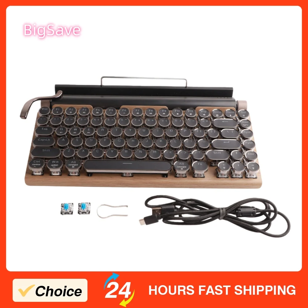 Portable Retro Typewriter Keyboard 83 Keys Vintage Wireless Bluetooth Blue Switch Mechanical Keyboard with Metal Round Cap