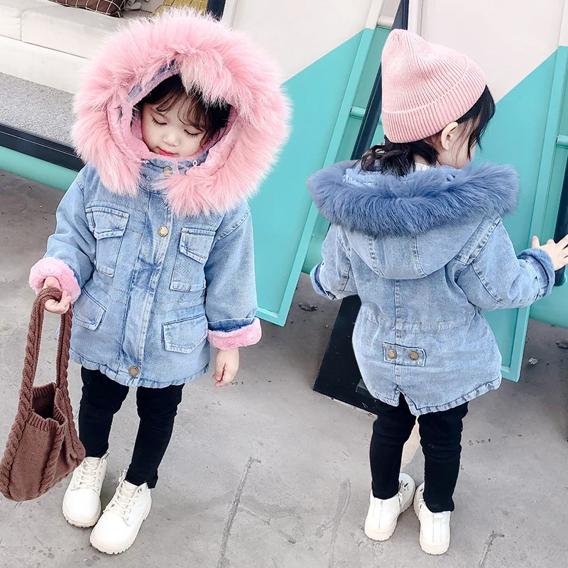 Denim Jacket Korean version thickening Children\'s Winter clothing Hooded Lapel collar Boys and Girls Denim cotton jacket 4Y