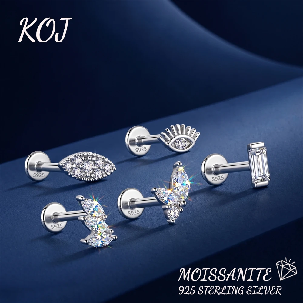 KOJ 1PC 925 Sterling Silver Moissanite Evil Eye Marquise Baguette Flat Back Cartilage Stud Earring For Women Party Gift