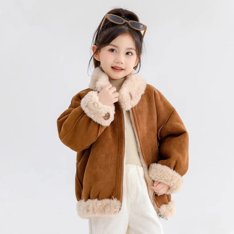 High-End Children's Real Wool Fur Jacket Thicker Warm Motorcycle Jacket Wear On Both Sides Coat For Girls A4803