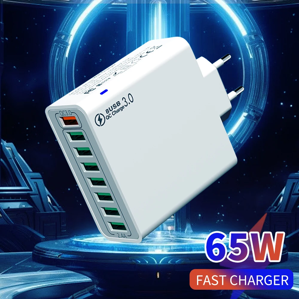 USB Charger 8 Port Fast Charging EU/US/KR Wall Quick Charge Plug QC 3.0 For Phone Adapter For iPhone 15 14 Xiaomi Huawei Samsung