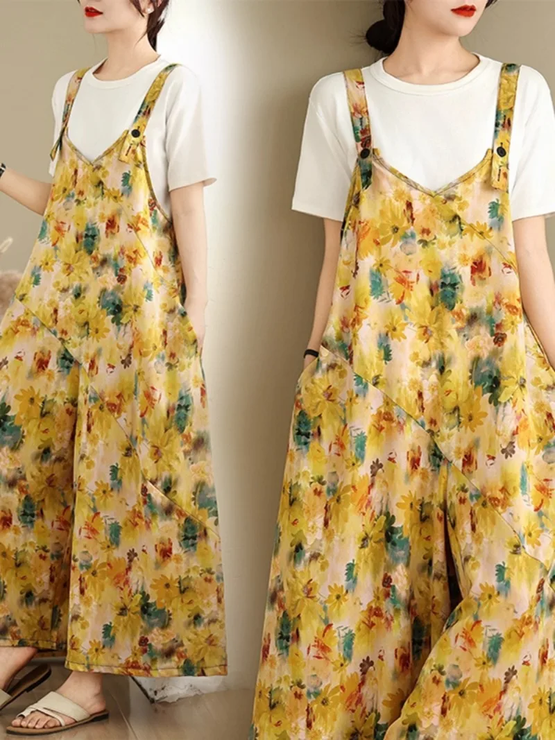 Vintage Print Loose Casual Women's Jumpsuits Summer Fashion Drap Floral Wide Leg Pants Female Hip Hop Comfortable Streetwear